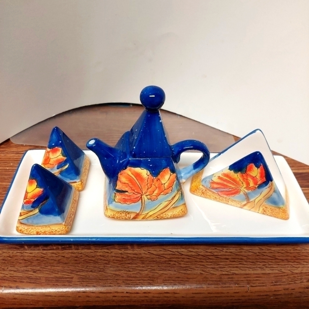 Vintage 90s Hi-Lux Japan Hand-painted Triangular Floral Teapot & Accessories